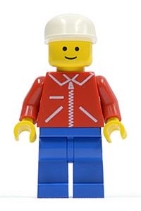 Male in Red Jacket Minifigure - Minifigure with a red jacket with zipper, red arms, blue legs, and a white cap - jred003