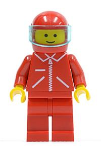 Racer Minifigure - Minifigure wearing red jacket with zipper, red arms, red legs, red helmet, and trans-light blue visor - jred007