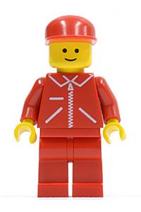 Male in Red Jacket Minifigure - Minifigure wearing a red jacket with zipper, red arms, red legs, and a red cap - jred008