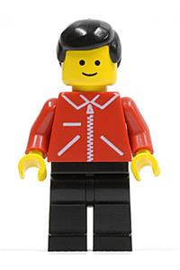 Male in Red Jacket Minifigure - Minifigure with a red jacket with zipper and red arms, wearing black male hair and black legs - jred009