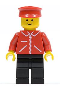 Male in Red Jacket Minifigure - Minifigure wearing a red jacket with zipper, red arms, black legs, and a red hat - jred014