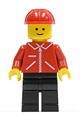 Minifigure wearing a red jacket with zipper, red arms, black legs, and a red construction helmet - jred016
