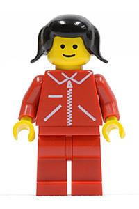 Female in red jacket Minifigure - Minifigure with red jacket with zipper, red arms, and legs, paired with black pigtails hair - jred017
