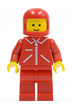 Minifigure with red arms and legs, wearing a red jacket with zipper and a red classic helmet - jred018