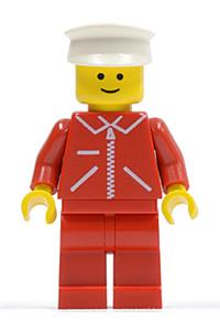 Male in Red Jacket Minifigure - Minifigure with a red jacket with zipper, red arms, red legs, and a white hat - jred019