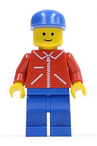 Milk Delivery Man Minifigure - Minifigure wearing a red jacket with zipper, red arms, blue legs, and a blue cap - jred024