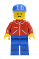 Minifigure wearing a red jacket with zipper and red arms, blue legs, and a blue cap with Arla Dairy logo on back - jred024s