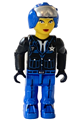 Female junior police officer with blue legs, wearing a black jacket and a blue helmet - js005