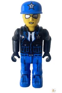Police Officer - Police officer junior-figure with blue legs, black jacket, blue cap with star, and sunglasses - js012