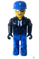 Police officer junior-figure with blue legs, black jacket, blue cap with star, and sunglasses - js012