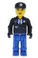 Junior police minifigure (Rod Bricks) with blue legs, wearing a black jacket and a black cap with a star - js016