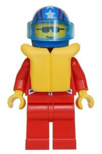 Indy LeMans Minifigure - Minifigure with red legs, wearing a red jacket with 2 stars, a blue helmet with 4 stars & stripes, and a trans-light blue visor, also has a life jacket - jstr001