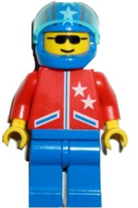 Male in red stars jacket Minifigure - Minifigure with blue legs, wearing a red and blue jacket with stars, a blue helmet with stars and stripes, and a clear blue visor - jstr005