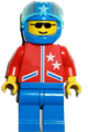 Minifigure with blue legs, wearing a red and blue jacket with stars, a blue helmet with stars and stripes, and a clear blue visor - jstr005