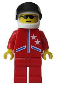 Male in Red Jacket Minifigure - Minifigure wearing a white helmet with black visor, red jacket with 2 stars, and red legs - jstr007