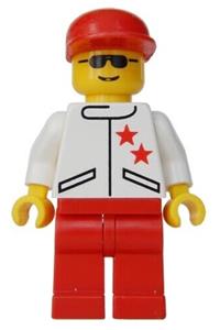 Male in red stars jacket Minifigure - Minifigure with a white jacket printed with 2 stars, red legs, and a red cap - jstr008