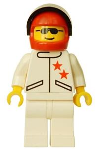 Male in red stars jacket Minifigure - Minifigure with white jacket with 2 stars, white legs, red helmet, and black visor - jstr009