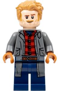 Owen Grady Minifigure - Owen Grady wearing a dark bluish gray jacket over a flannel shirt - jw100
