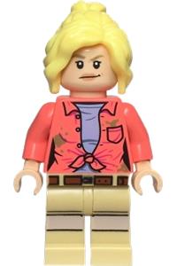 Dr. Ellie Sattler Minifigure - Dr. Ellie Sattler wearing a coral shirt with dark tan dirt spots and a ponytail - jw107