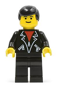 Male in Leather Jacket Minifigure - Minifigure with black male hair, eyebrows, wearing a leather jacket with zippers and black legs - lea001