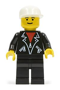 Hot Rodder in Leather Jacket - Minifigure wearing a black leather jacket with zippers, white cap, and black legs - lea002