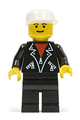 Minifigure wearing a black leather jacket with zippers, white cap, and black legs - lea002