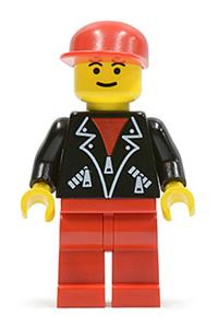 Male in leather jecket Minifigure - Minifigure wearing a red cap, red legs, and a leather jacket with zippers, featuring eyebrows - lea003