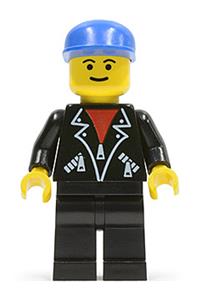 Airport Worker Minifigure - Minifigure with a black leather jacket with zippers, blue cap, and eyebrows - lea004
