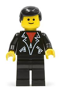 Male with Leather Jacket Minifigure - Male minifigure in a black helmet with visor, black leather jacket with zippers, and black legs - lea005