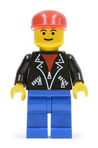 Male with Leather Jacket Minifigure - Minifigure wearing a red cap with eyebrows, a blue leather jacket with zippers, and blue legs - lea006
