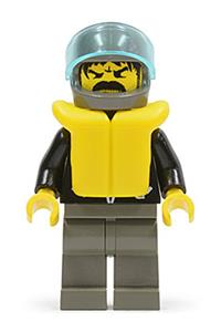 Male Pilot Minifigure - Pilot wearing a dark gray helmet and legs, with a leather jacket featuring zippers and a life jacket - lea007