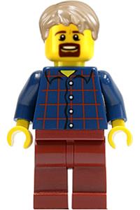 LEGOLAND Park Male Minifigure - Male minifigure from LEGOLAND Park with dark blue plaid button shirt pattern and dark tan short tousled hair - llp003