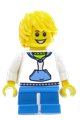 Boy from LEGOLAND Park wearing a hooded sweatshirt with a medium blue pocket and drawstring front, with yellow hair - llp004