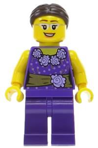 LEGOLAND Park Female Minifigure - Female LEGOLAND Park minifigure with dark purple blouse, gold sash with flowers, and dark brown hair - llp005