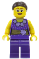 Female LEGOLAND Park minifigure with dark purple blouse, gold sash with flowers, and dark brown hair - llp005