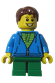 Boy with reddish brown hair in hoodie with zipper, lime and green striped shirt, green legs at LEGOLAND Park - llp007