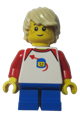 Minifigure boy from LEGOLAND Park with tan hair, wearing a red collar shirt, classic space helmet pattern, and blue short legs - llp008