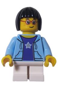 LEGOLAND Park Girl with Black Bob Cut Hair, Bright Light Blue Hooded Sweatshirt Open with Purple Shirt with Silver Star Pattern and White Short Legs llp009