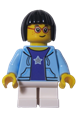 Girl with black bob cut hair wearing a bright light blue hooded sweatshirt open over a purple shirt with silver star pattern and white short legs - llp009