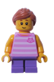 Minifigure girl at LEGOLAND Park with medium nougat ponytail, bright pink striped cat shirt, and medium lavender legs - llp010