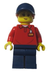 LEGOLAND Park Worker Minifigure - Female LEGOLAND Park worker with dark orange ponytail, wearing a dark blue hat, red polo shirt with 'LEGOLAND' on the back, and dark blue legs - llp011