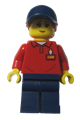 Female LEGOLAND Park worker with dark orange ponytail, wearing a dark blue hat, red polo shirt with 'LEGOLAND' on the back, and dark blue legs - llp011