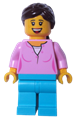Female minifigure at LEGOLAND Park with a dark brown ponytail, bright pink shirt, and medium azure legs - llp012