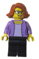Female LEGOLAND Park minifigure with dark orange short hair, wearing a medium lavender shirt and black legs - llp013