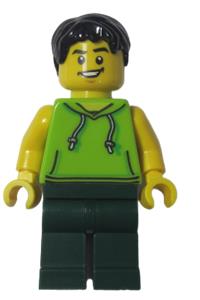 LEGOLAND Park Male Minifigure - Male LEGOLAND Park minifigure with black hair, wearing a lime sleeveless hoodie and dark green legs - llp014