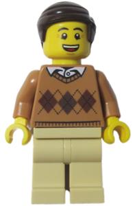 LEGOLAND Park Male Minifigure - Male LEGOLAND Park minifigure with dark brown hair, wearing a medium nougat torso argyle sweater and tan legs - llp015