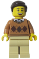 Male LEGOLAND Park minifigure with dark brown hair, wearing a medium nougat torso argyle sweater and tan legs - llp015