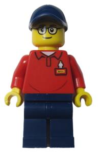 LEGOLAND Park Worker Minifigure - Male LEGOLAND Park worker with glasses, dark blue hat, red polo shirt with 'LEGOLAND' on back, and dark blue legs - llp016
