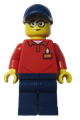 Male LEGOLAND Park worker with glasses, dark blue hat, red polo shirt with 'LEGOLAND' on back, and dark blue legs - llp016