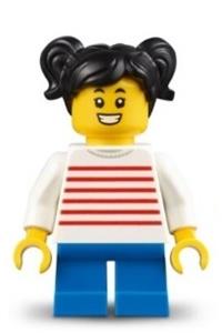 LEGOLAND Park Girl Minifigure - Girl at LEGOLAND Park with black two pigtails hair, wearing a white sweater with red horizontal stripes and blue short legs - llp018